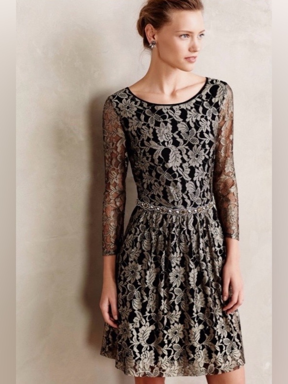Anthropologie Maeve Shimmered Lacefall Dress in black & metallic gold lace 2 XS